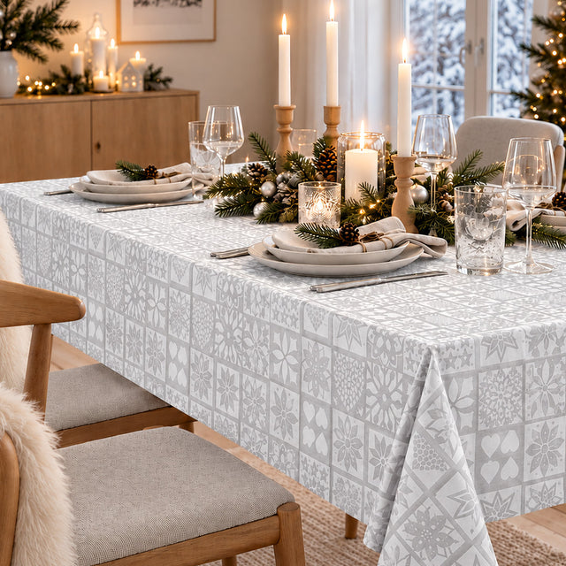 Nordfavn Christmas Carols Lys Sølv – Julevoksduk med nordisk julemønster, miljø