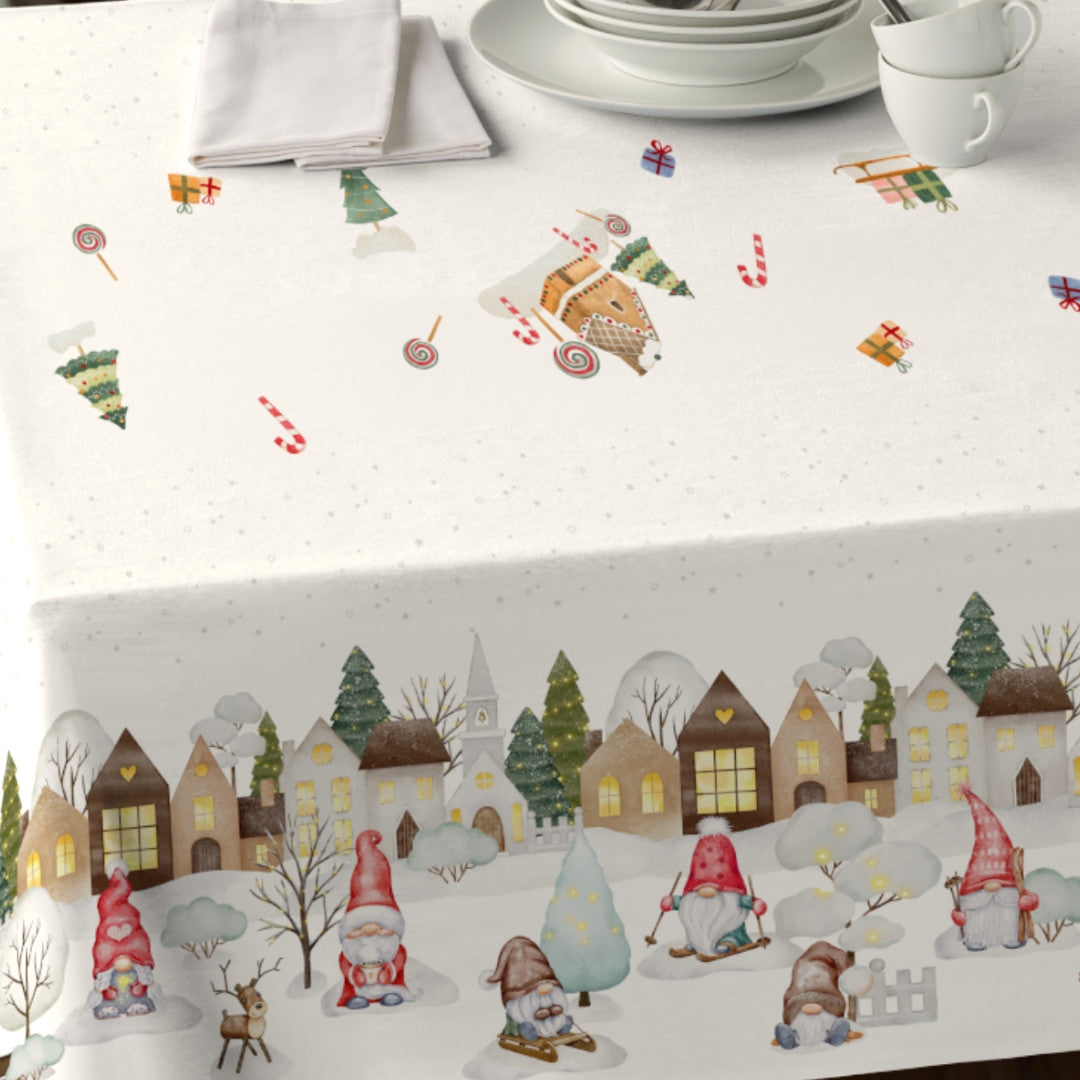 Nordfavn Elf – Juleakrylduk med vinterby og nisser, mønster, nærbilde