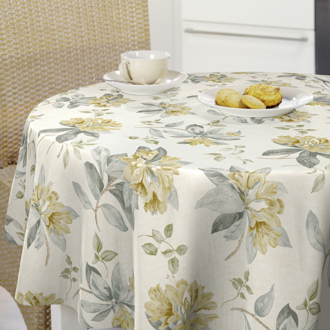 Nordfavn Fruehling Gul – Voksduk med elegant blomstertrykk rund