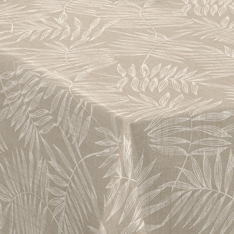 Nordfavn Hojas Beige – Voksduk med lyst bladmotiv i lintrykk, hjørne