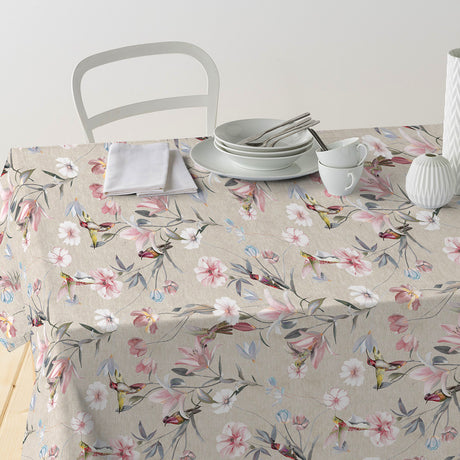 Nordfavn Life – Akrylduk med kolibrier og blomster på naturfarget bunn, bord