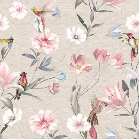 Nordfavn Life – Akrylduk med kolibrier og blomster på naturfarget bunn