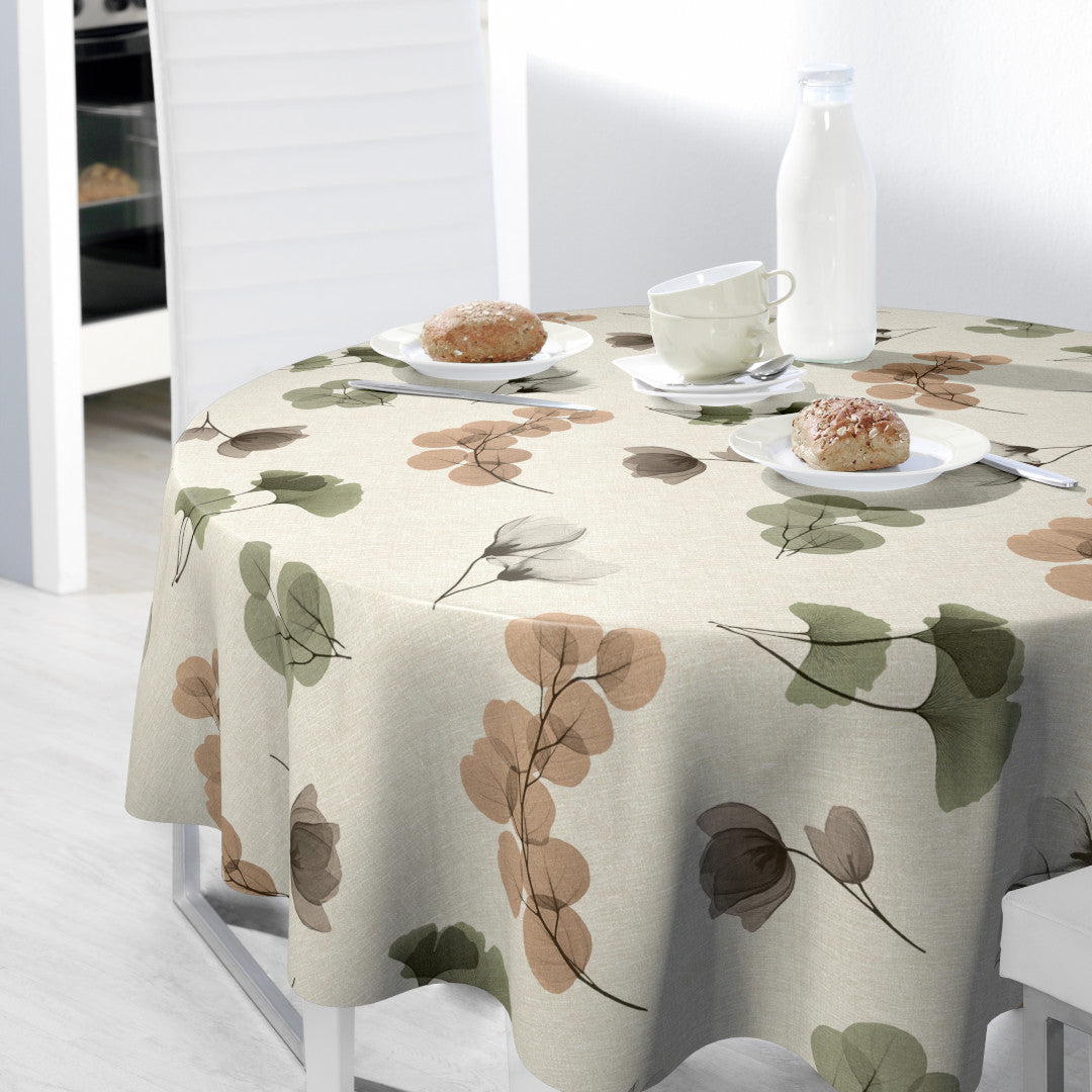 Nordfavn Organza Natur – Voksduk med lett blomster- og bladmotiv rund