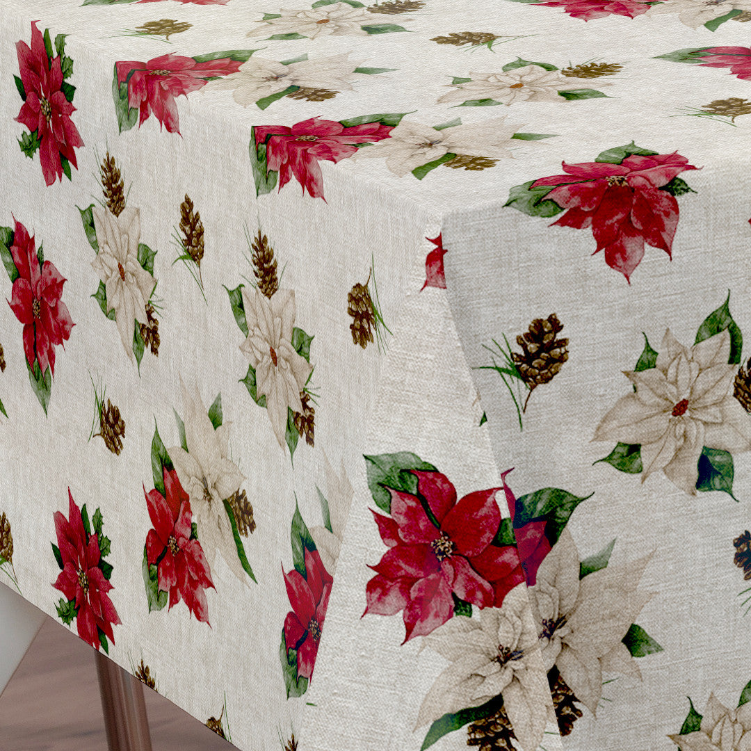 Nordfavn Poinsettia – Julevoksduk med linpreg og julestjerner