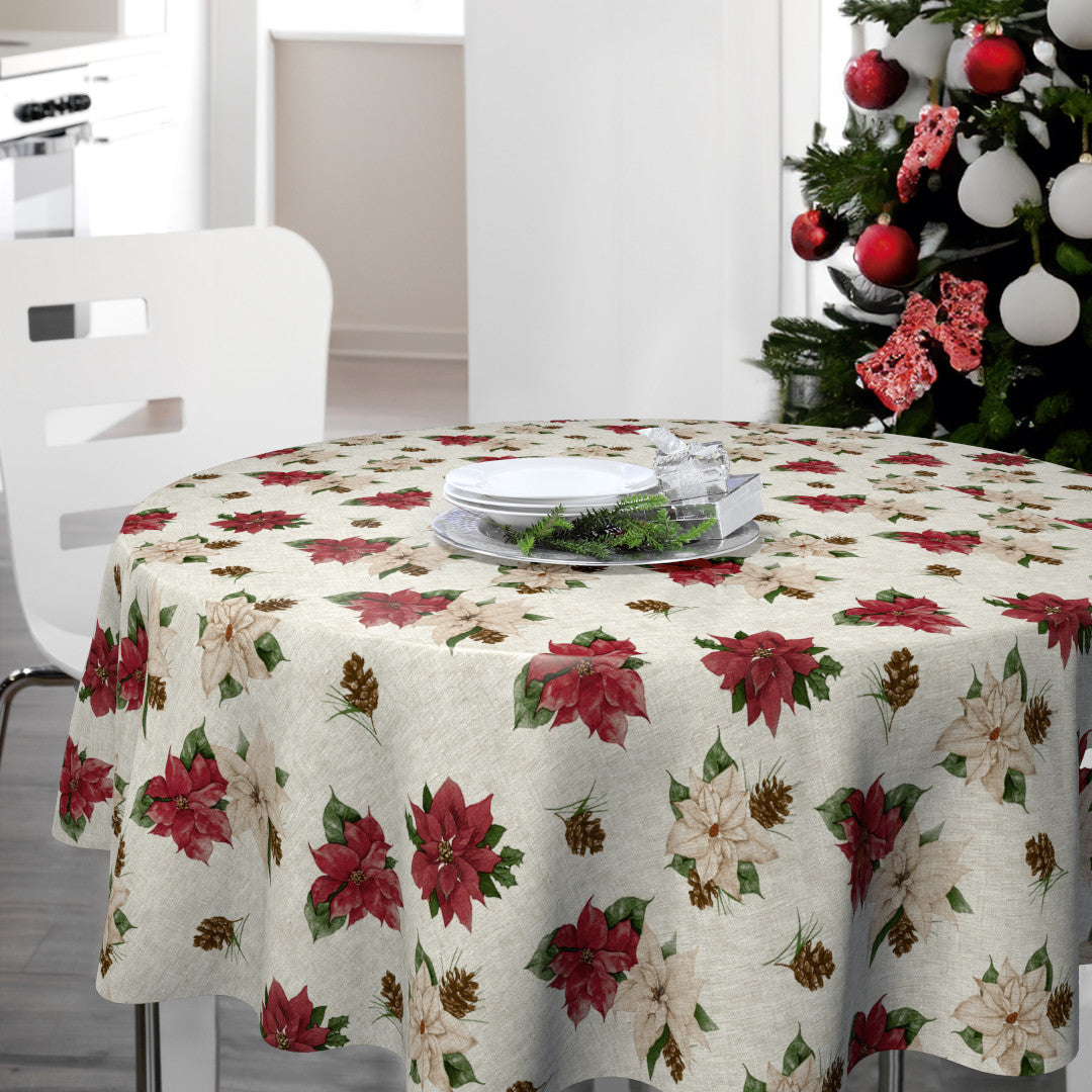 Nordfavn Poinsettia – Rund julevoksduk med linpreg og julestjerner