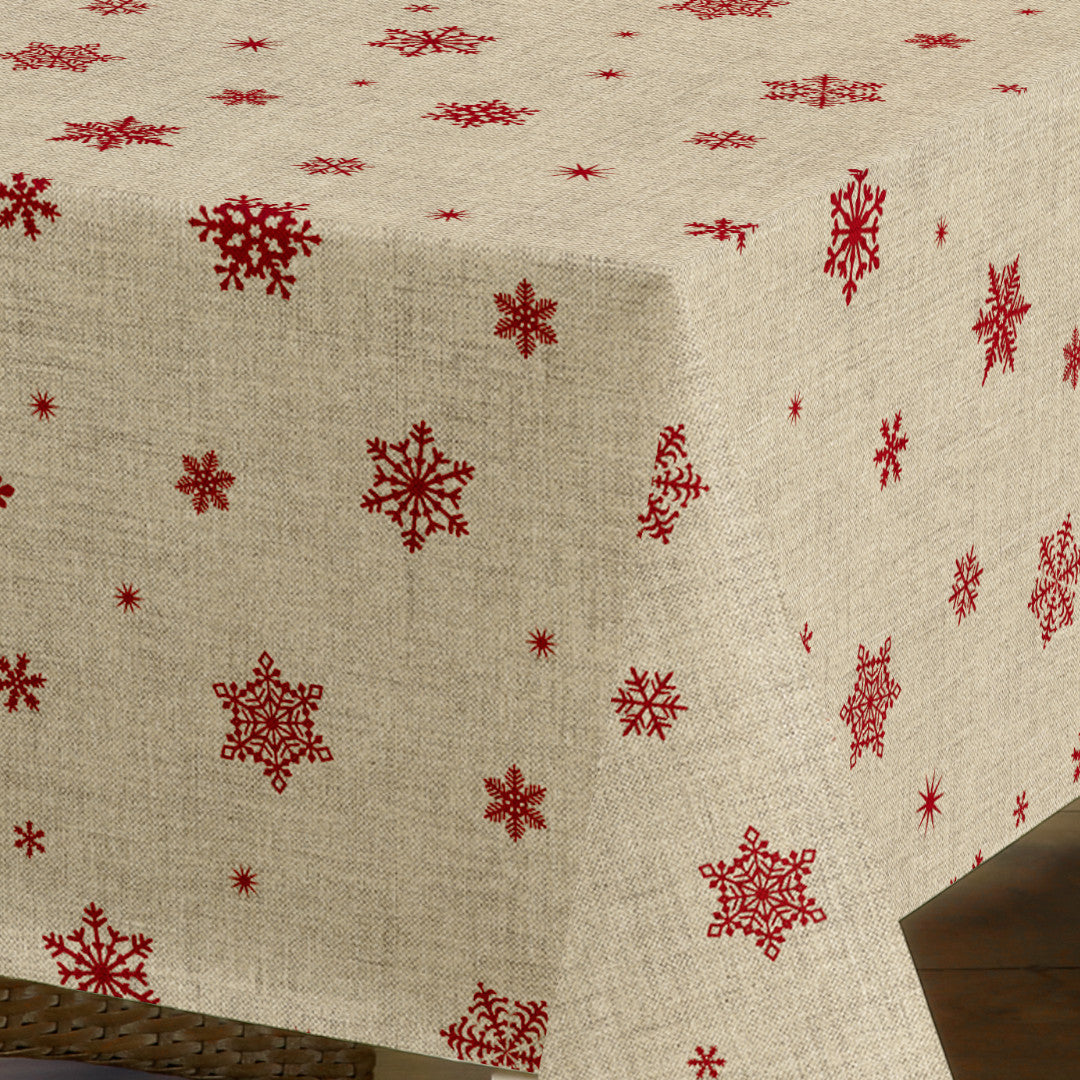 Nordfavn Snowflakes – Julevoksduk med røde snøfnugg og iskrystaller