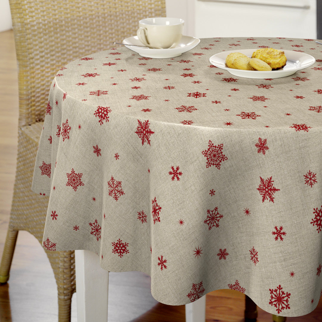 Nordfavn Snowflakes – Rund julevoksduk med røde snøfnugg og iskrystaller