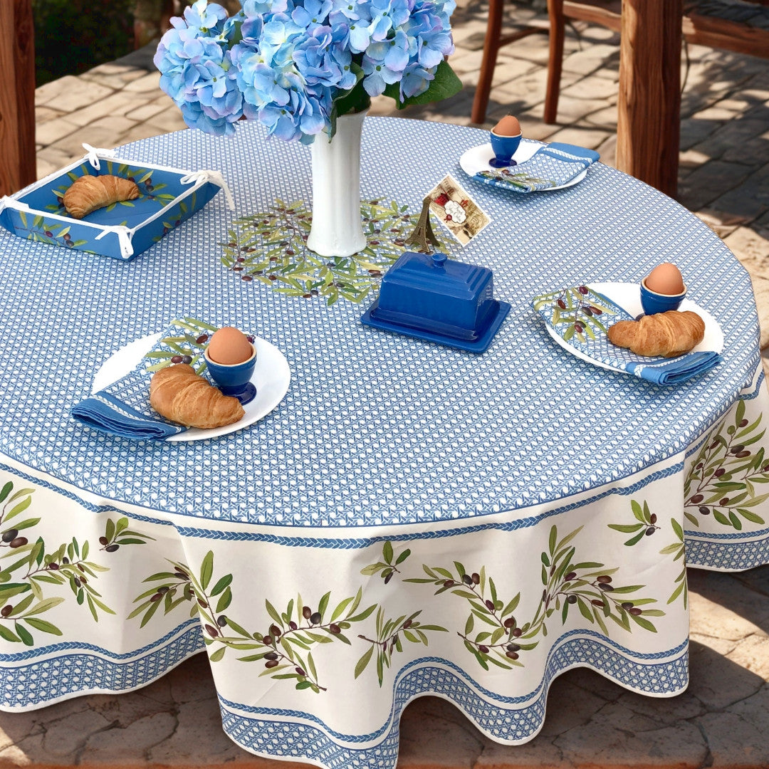 Nyons Blå – Rund akrylbelagt provenceduk Ø 180, borddekking