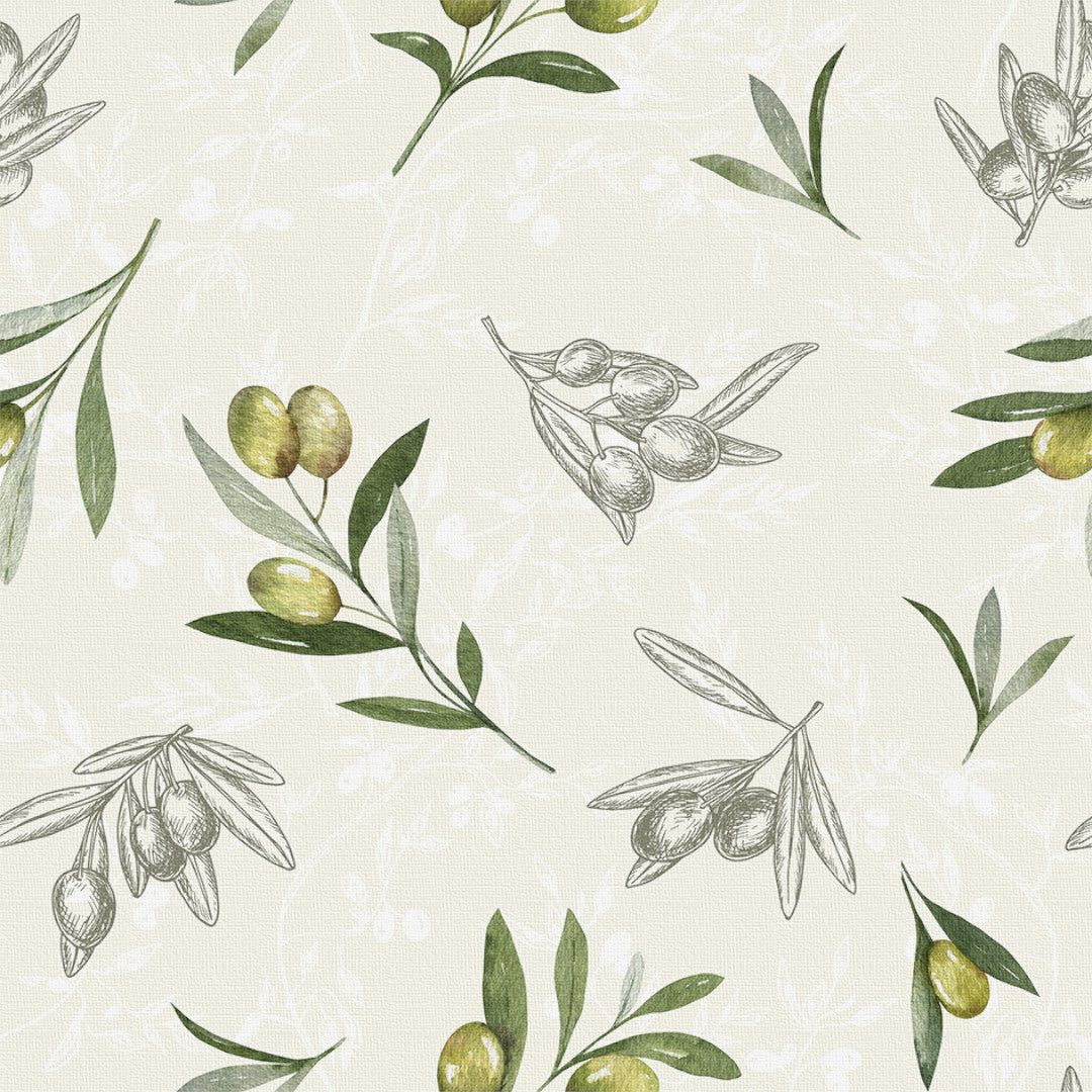 Oil – Akrylduk med olivengreiner i grønne nyanser mønster