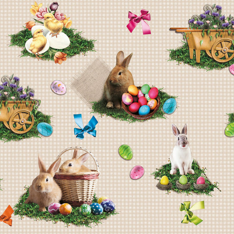 Påskeglede Ruter Beige – Påskevoksduk med harer, kyllinger og påskeegg