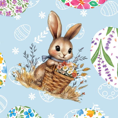 Påskehare Blå – Påskevoksduk med harer og blomsteregg, mønster
