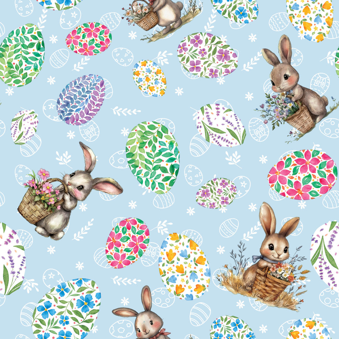 Påskehare Blå – Påskevoksduk med harer og blomsteregg, motiv