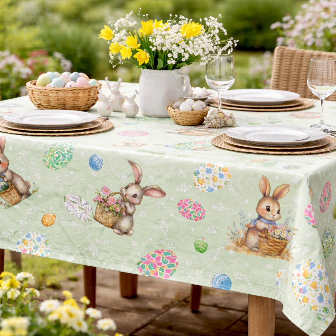 Påskehare Grønn – Påskevoksduk med hare og blomsteregg