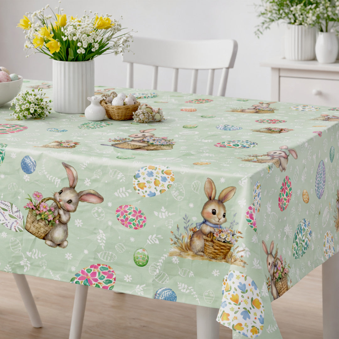 Påskehare Grønn – Påskevoksduk med hare og blomsteregg, miljø
