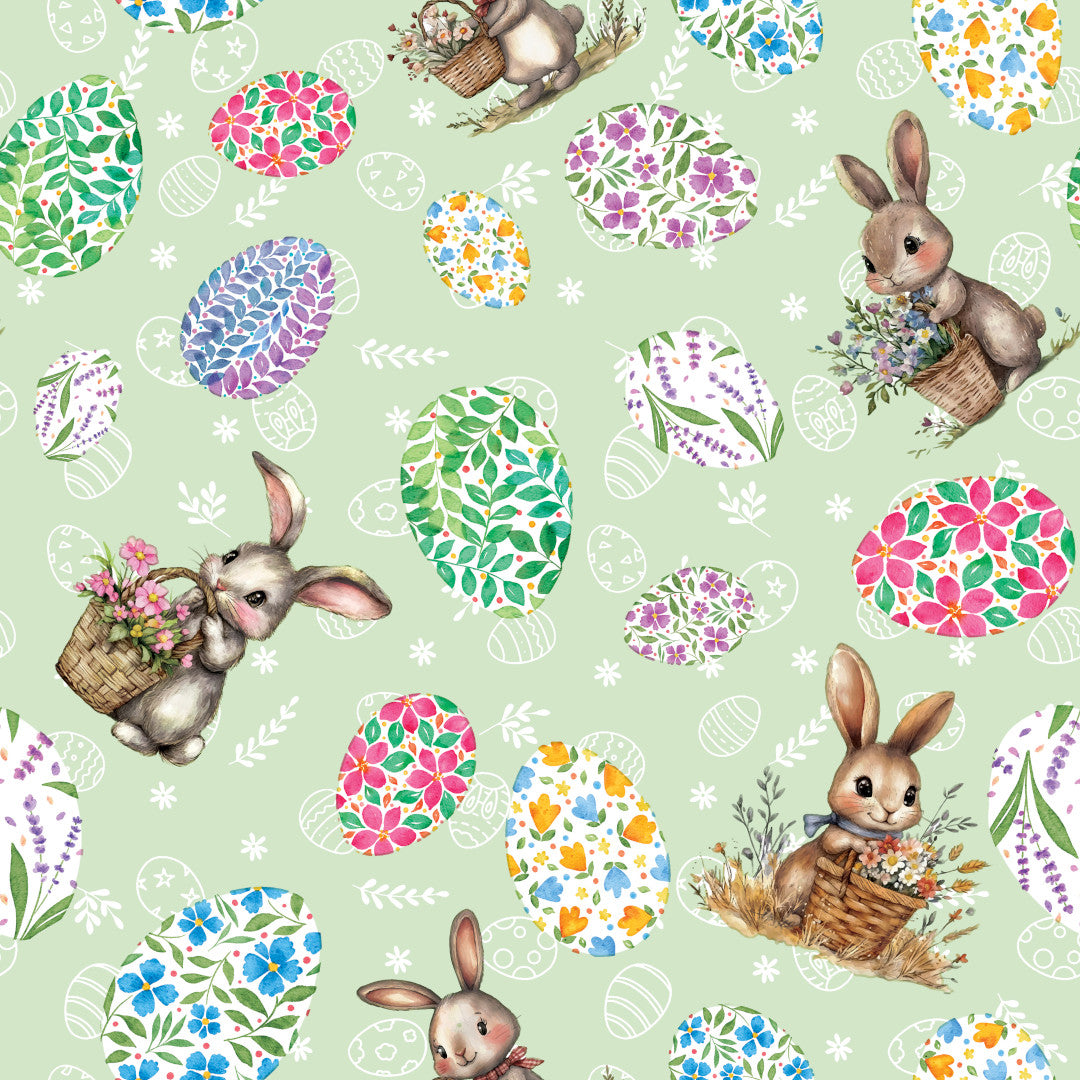 Påskehare Grønn – Påskevoksduk med hare og blomsteregg, motiv