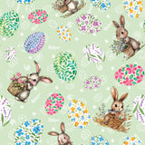 Påskehare Grønn – Påskevoksduk med hare og blomsteregg, motiv