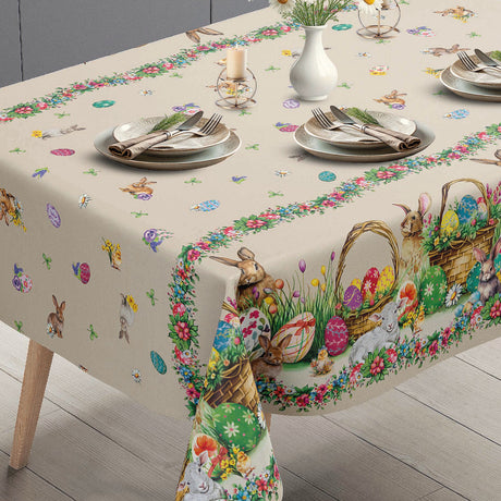 Påskelam Beige – Påskevoksduk med lam og påskeharer miljø