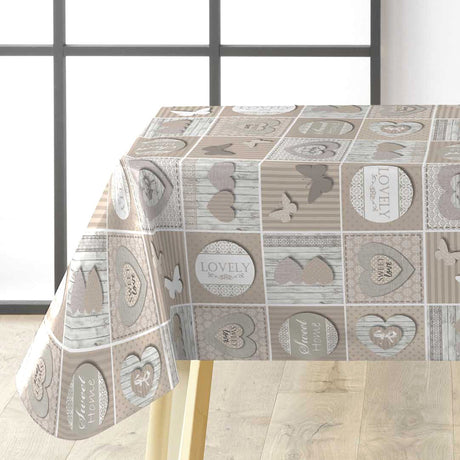 Papilys Grey - Voksduk med hjerter og sommerfugler i myke naturfarger, hjørne