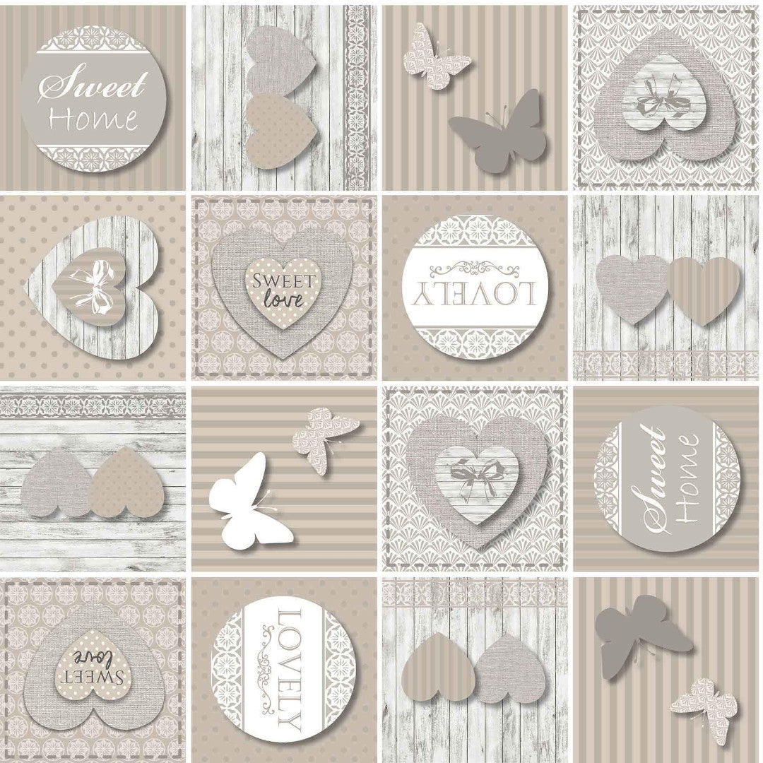 Papilys Grey - Voksduk med hjerter og sommerfugler i myke naturfarger, mønster