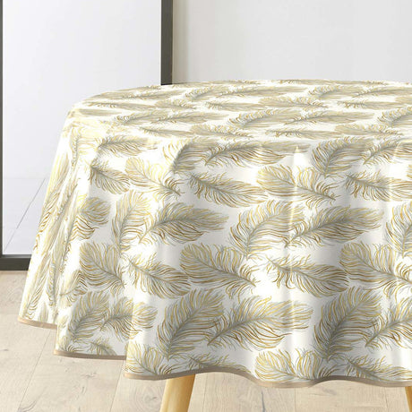 Plumina Metallic – Rund voksduk med elegante fjær i gull og grått Ø 155 cm
