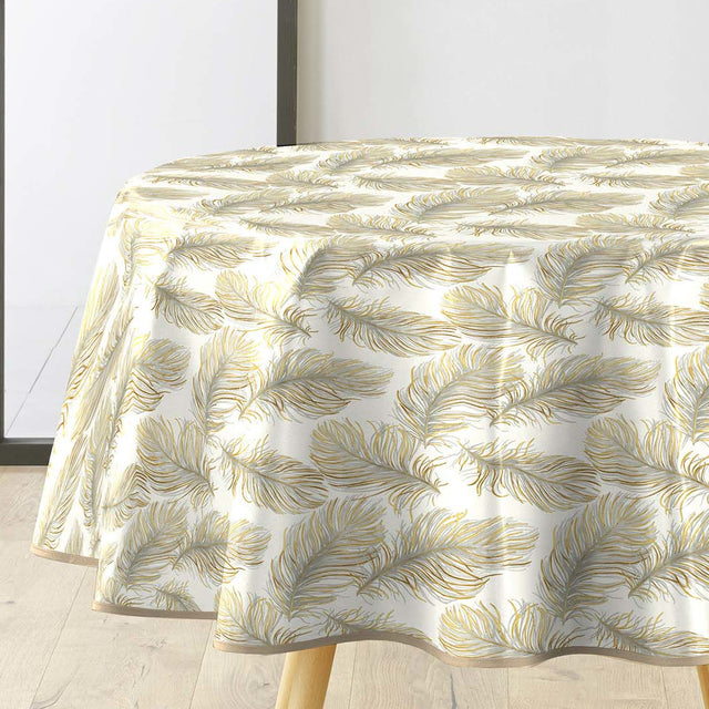 Plumina Metallic – Rund voksduk med elegante fjær i gull og grått Ø 155 cm