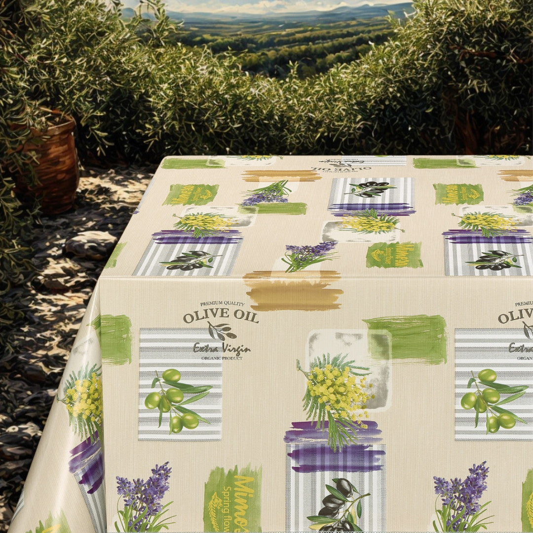 Provence Oliven & Blomster – Voksduk med beige bunn, miljø