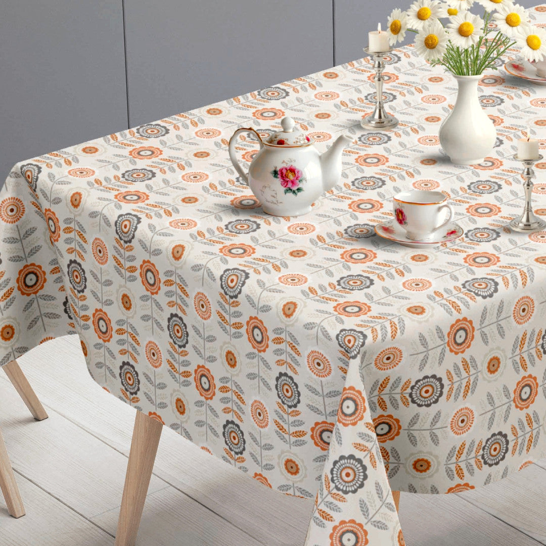 Retroblomst – Cremefarget voksduk med grafiske blomster, bordende