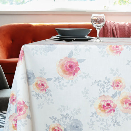 Rosalie Blush – Voksduk med blomsterprint og tekstilutseende, hjørne