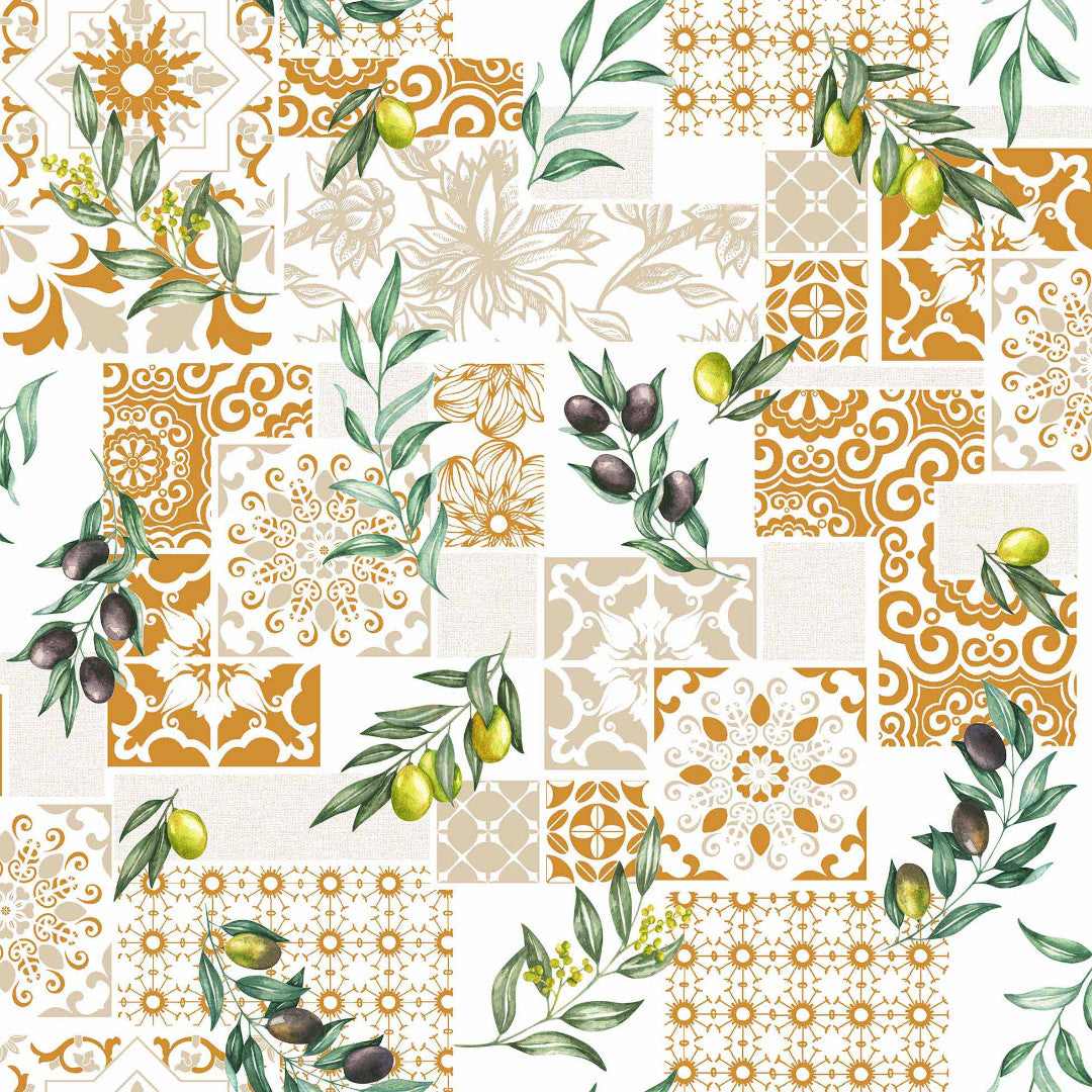 Solanova – Voksduk med oliven og gyldne fliser