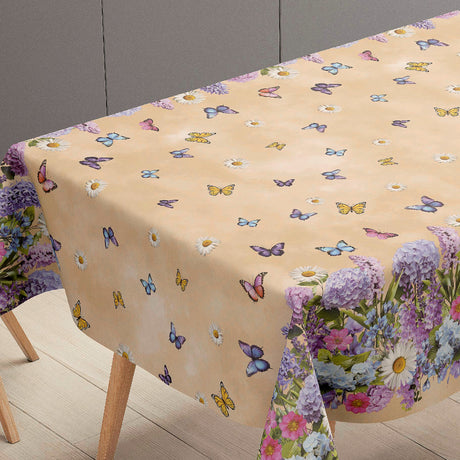 Sommereng Beige – Voksduk med blomster og sommerfugler, bordende