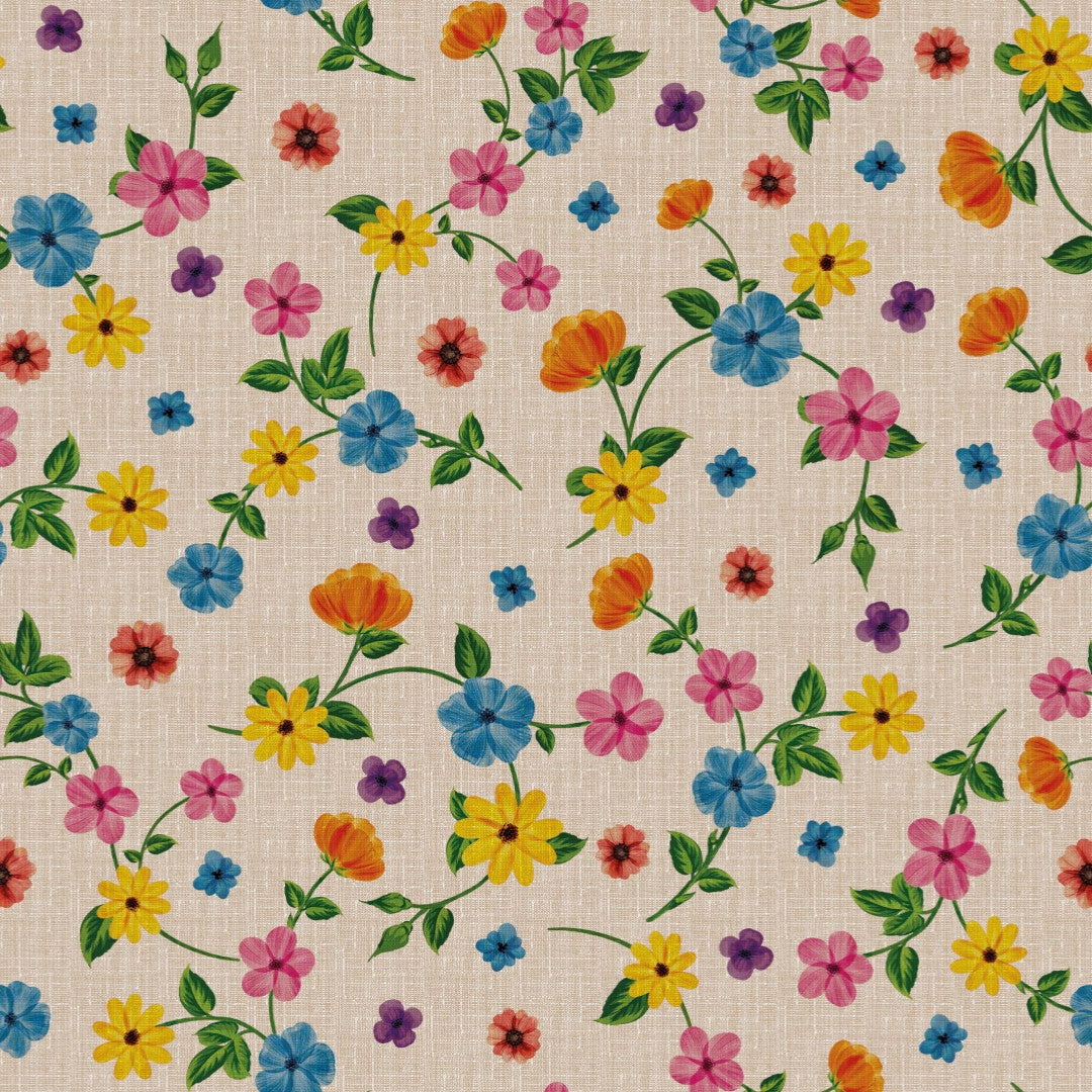 Sommerranker – Beige voksduk med fargerike blomster