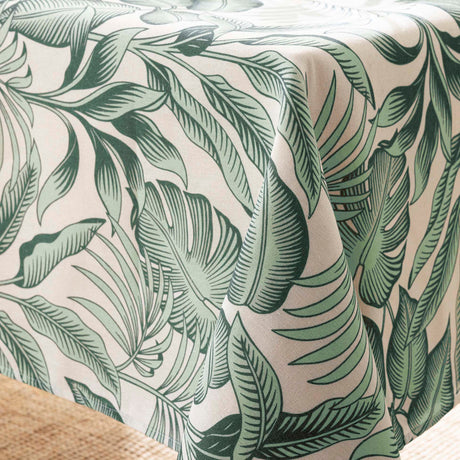 Stilys Sauge – Bordduk i linlook med botanisk bladmønster – 140 x 240 cm, hjørne