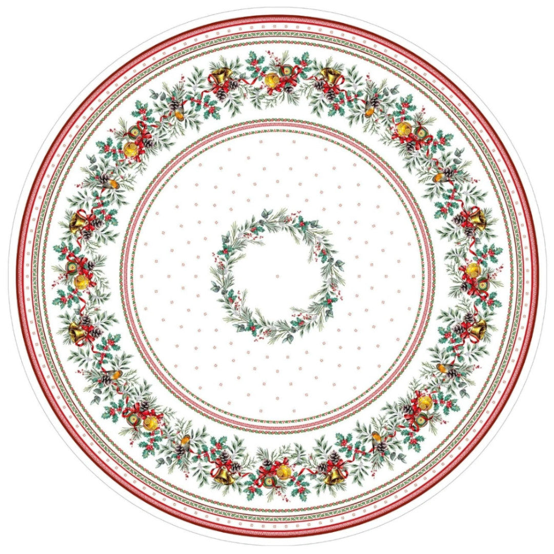 Sylvestre Hvit – Rund akrylbelagt fransk juleduk, Ø 230 cm, mønster