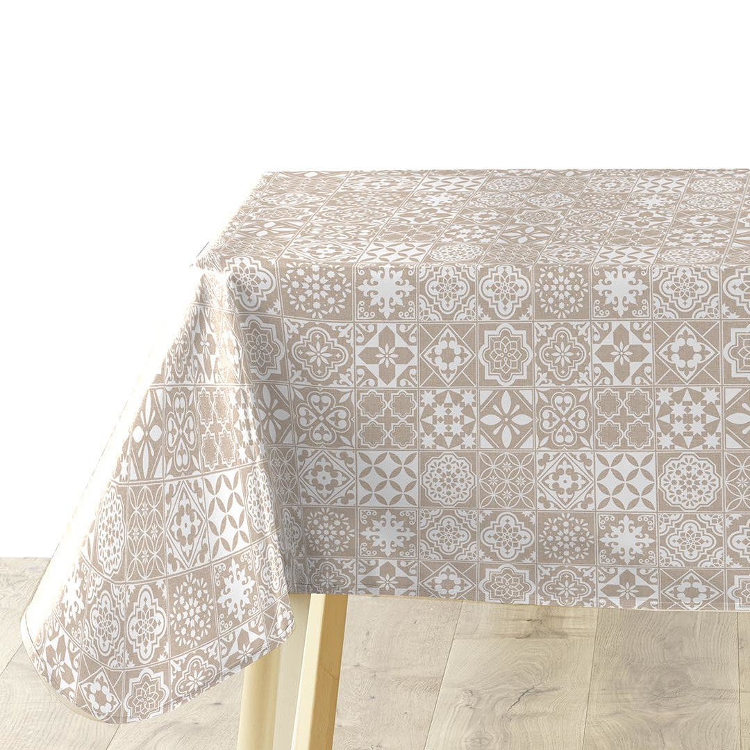 Textilia Carella – Voksduk med klassisk flismønster i naturlige toner, hjørne