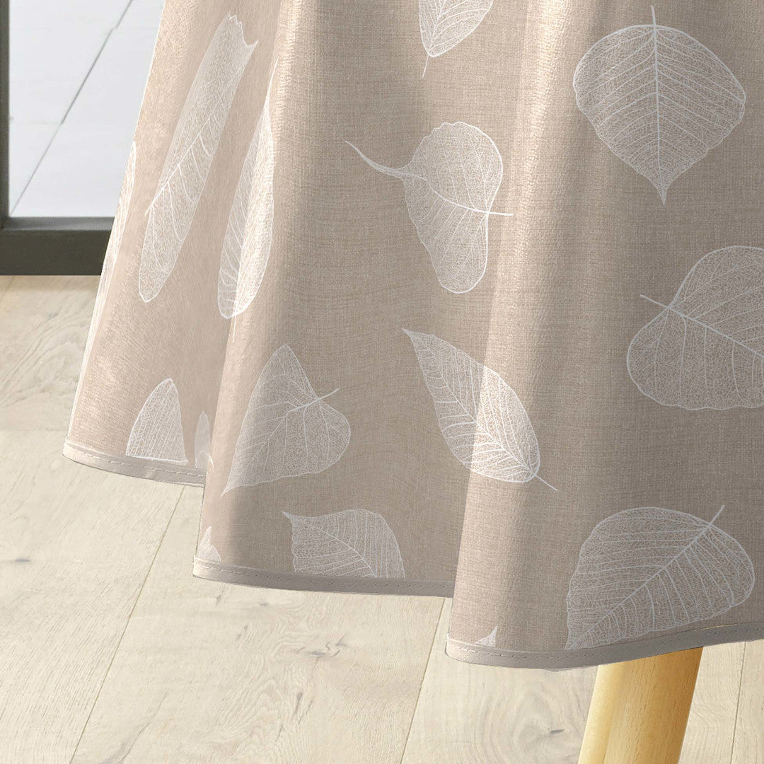 Textilia Feuillys - Rund voksduk i linlook med hvite strekblader Ø 155 cm kant