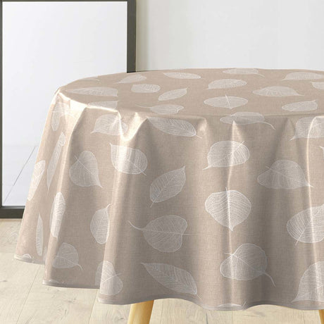 Textilia Feuillys - Rund voksduk i linlook med hvite strekblader Ø 155 cm