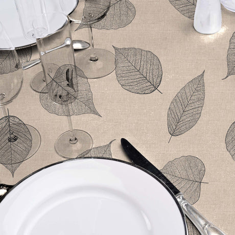 Textilia Feuillys – Rund voksduk i linlook med sorte strekblader Ø 155 cm nærbilde