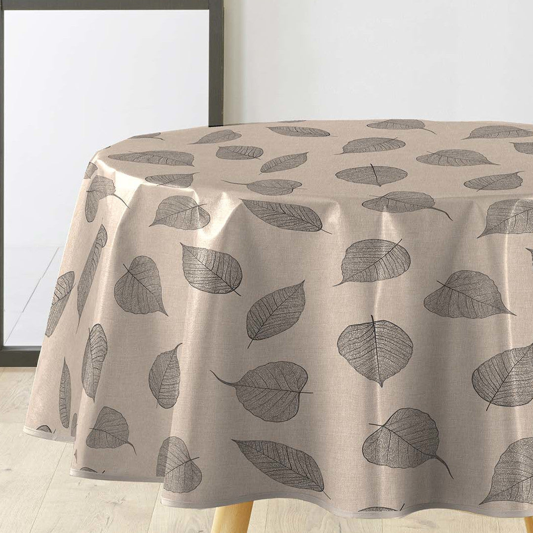 Textilia Feuillys – Rund voksduk i linlook med sorte strekblader Ø 155 cm
