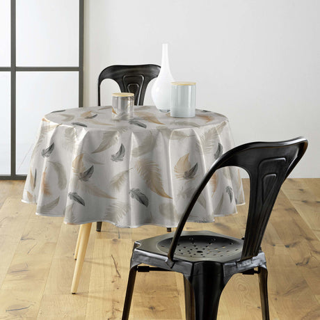 Textilia Folea – Rund voksduk med fjær i naturfarger Ø 155 cm miljø