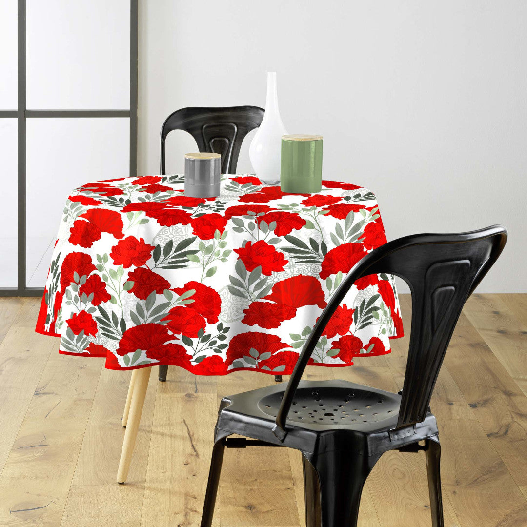 Textilia Occitanie - Runde voksduker med strikk og vakre røde blomster Ø 155 cm miljø