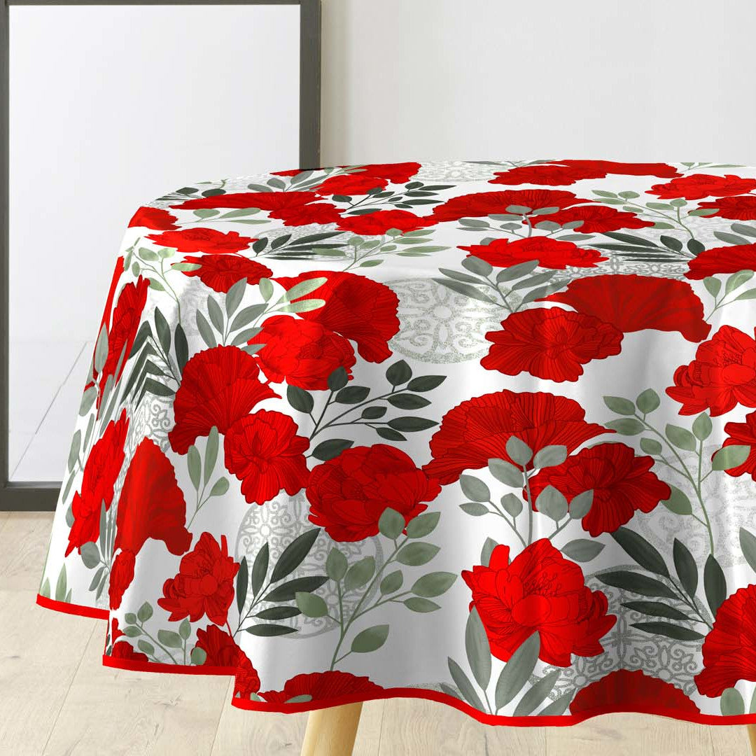 Textilia Occitanie - Runde voksduker med strikk og vakre røde blomster Ø 155 cm