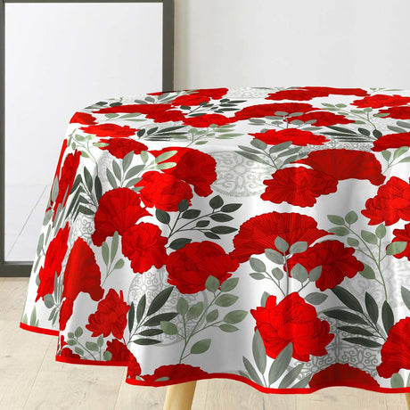 Textilia Occitanie - Runde voksduker med strikk og vakre røde blomster Ø 155 cm