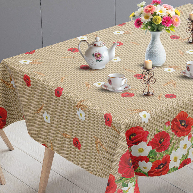 Valmueeng – Beige voksduk med valmuer og hessianlook, bordende