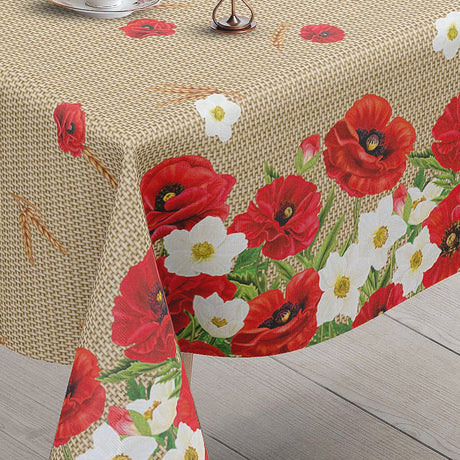 Valmueeng – Beige voksduk med valmuer og hessianlook, hjørne