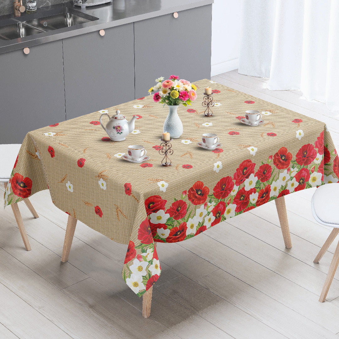 Valmueeng – Beige voksduk med valmuer og hessianlook, miljø