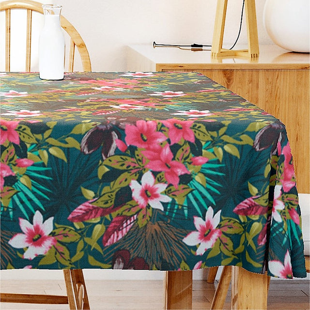 Ahuna - Akrylduk med vakre blomster på petrol bakgrunn - 155 cm bred