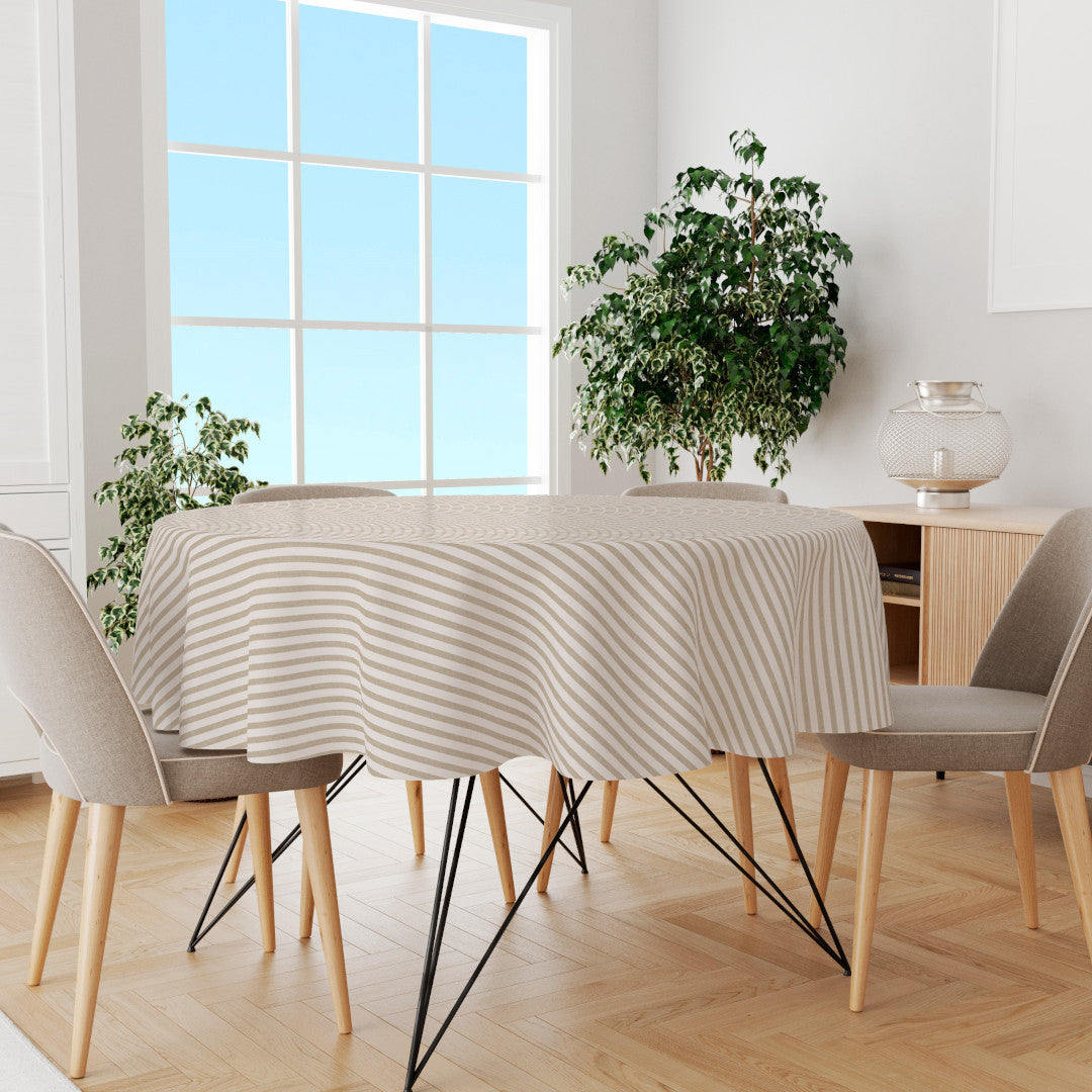 Rund voksduk Aria Beige/offwhite, med striper i hørlook