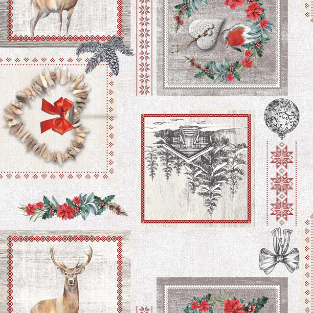 Avoriaz – Nærbilde, julevoksduk med grantrær og hjorter