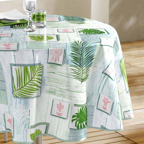 Bahia - Rund voksduk med grønne blader, Ø 160 cm