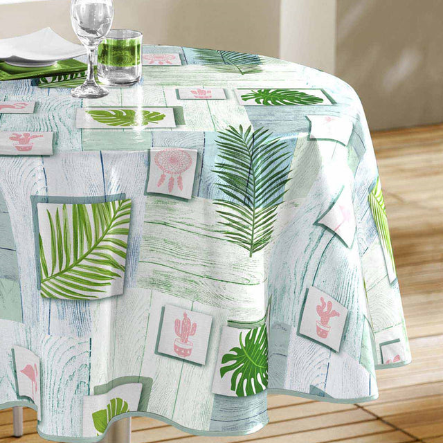 Bahia - Rund voksduk med grønne blader, Ø 160 cm